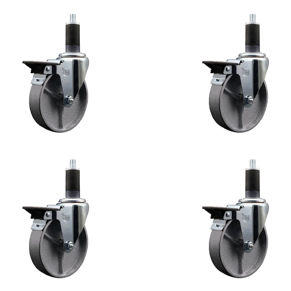 5'' Semi Steel Swivel 1-1/4'' Expanding Stem Caster Set with Brake, 4PK
